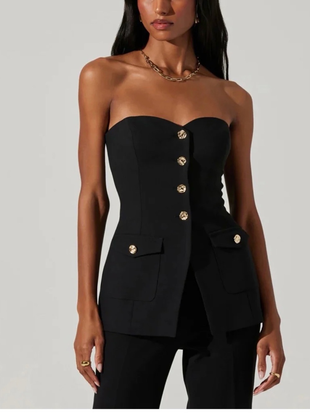 Astr Black Strapless Corset Top with Gold Buttons